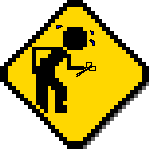 Animated GIF of a stick figure on a warning sign repeatedly stabbing itself in the crotch with a pair of scissors and crying